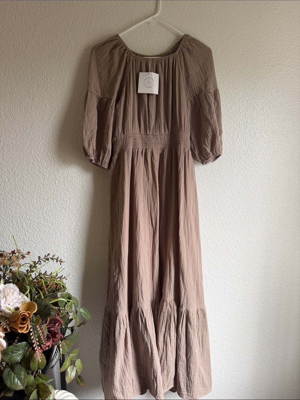 Montgomery Square Neck Gauze Midi Dress Sepia size M